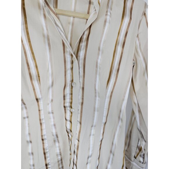 Women’s New York & Company Stretch Beige and Brown Striped Button Down Top SZ XS - Picture 5 of 10